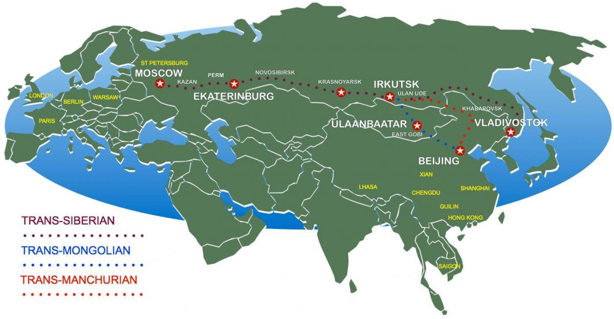 خريطة من موسكو إلى فلاديفوستوك طريق القطار